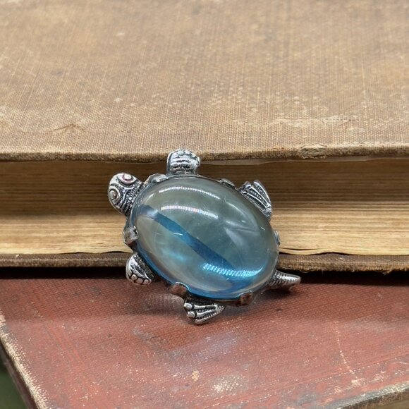 Vintage Jelly Belly Turtle Brooch With Blue Lucite Shell Silver Tone Metal - Picture 5 of 13